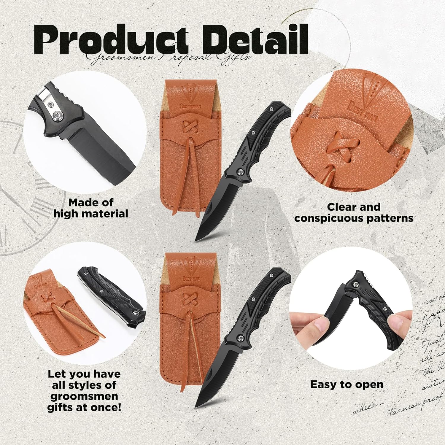 Abbylike 6 Set Man Pocket Knife Gift for Men Gifts Personalized Pocket Knife with Leather Sheaths Mini Folding Knives Proposal Gifts for Christmas Wedding Party Favors(Classic)