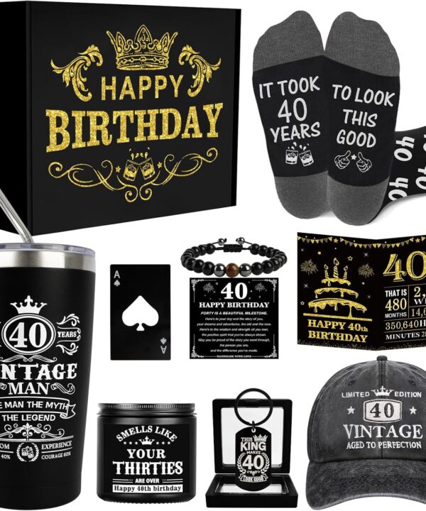 40th Birthday Gifts for Men - Unique Birthday Box with 20 Oz Tumbler, Baseball Cap, Socks, Bracelets, Scented Candle, Happy 40th Birthday Decorations for Husband, Dad, Friends, Boss