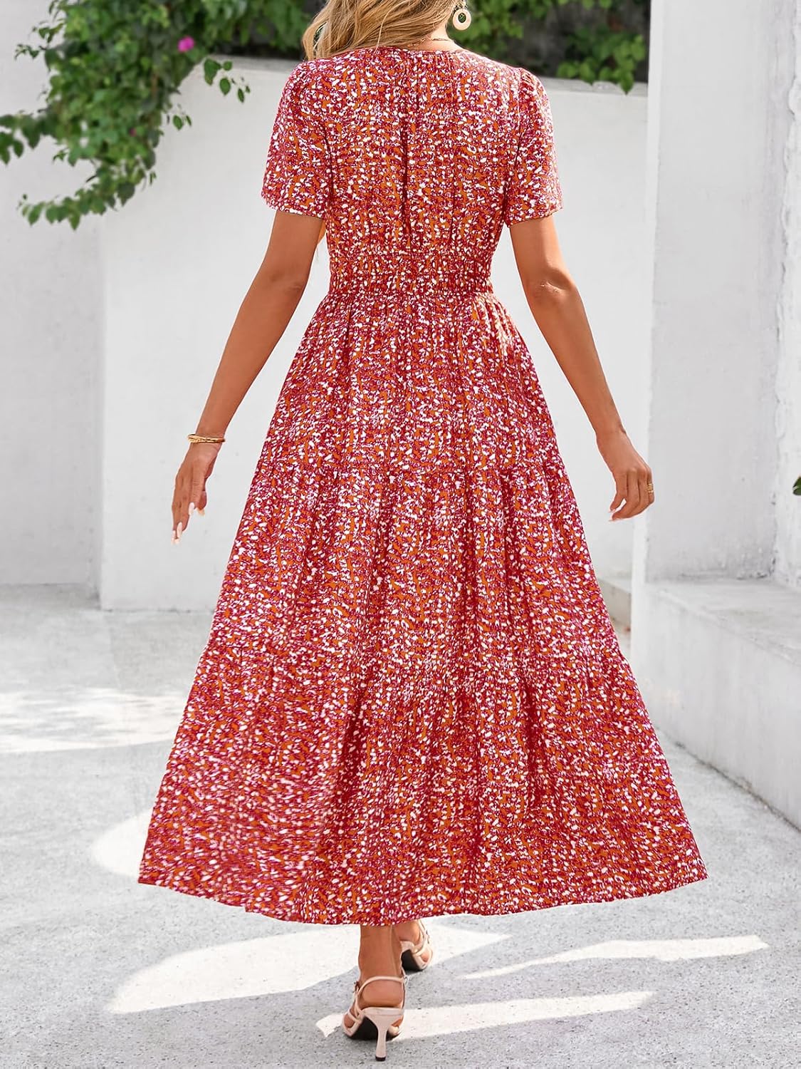 BTFBM Womens Summer Floral Maxi Dresses V Neck Short Sleeve Boho Casual Flowy Long Wedding Guest Dress Beach Vacation