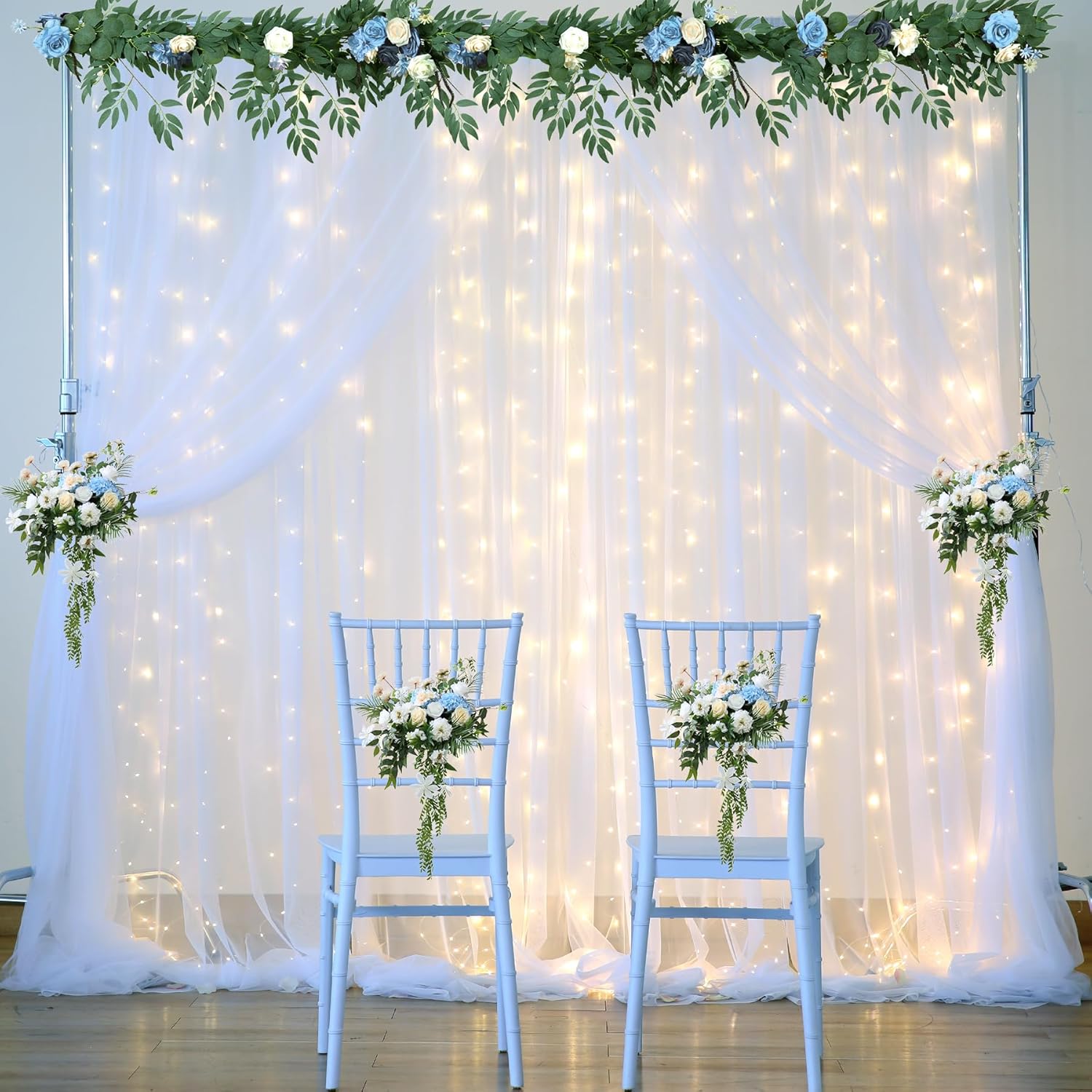 White Tulle Backdrop Curtain with Lights String for Parites 108ft Sheer Backdrop Curtains White Curtain Backdrop for Wedding Baby Shower Birthday Party Photo Shoot Decorations(2 Panels 10ft8ft)