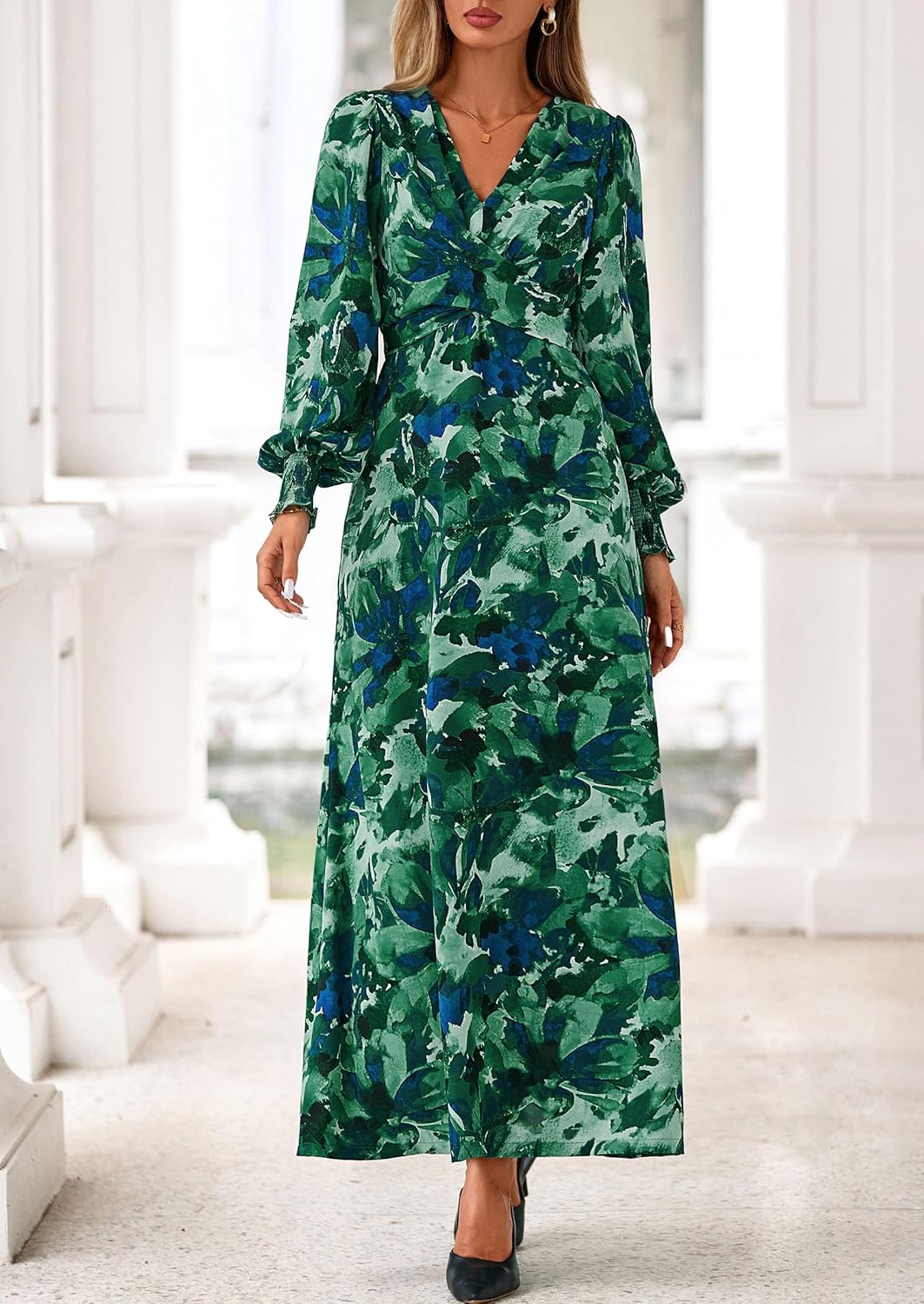 PRETTYGARDEN Womens 2026 Spring Wedding Guest Dresses Floral Long Sleeve V Neck Belted Long Flowy Boho Maxi Dress