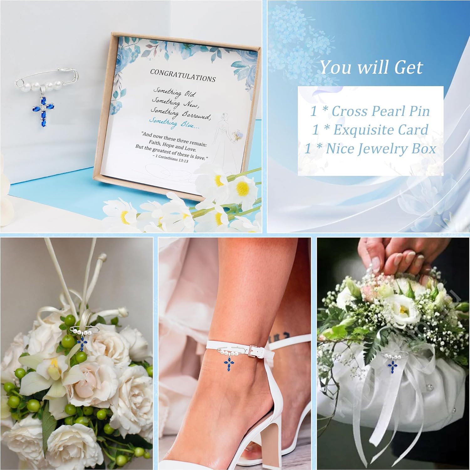 PEALICIOUS Something Blue Gift for Bride, Bridal Shower Gifts from Mom Sister Friend, Blue Bridal Bouquet Charm as Wedding gifts, Bride Pin Blue Heart Charm Attaches to Bridal Bouquet, Garter, Dress