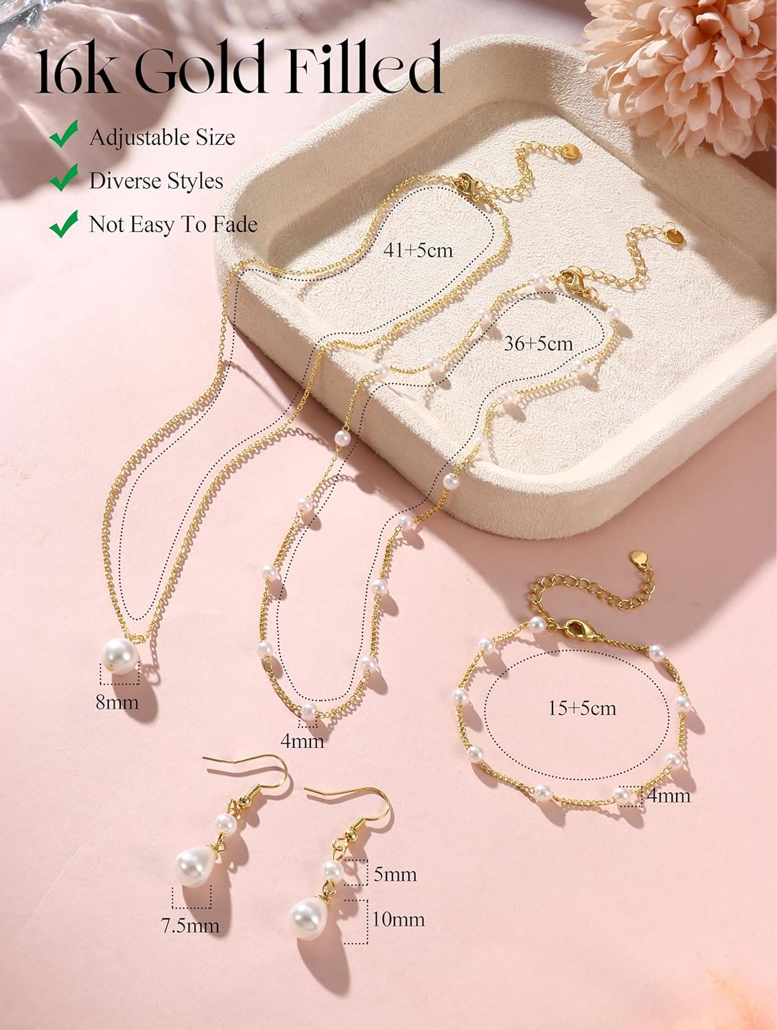 YADOCA Gold Jewelry Set for Women – 16K Gold Plated Pearl Necklace and Earring Set With Drop Earrings,Charm Layered Necklace,Adjustable Bracelets – Dainty Womens Pearl Jewelry Set For Wedding Gifts