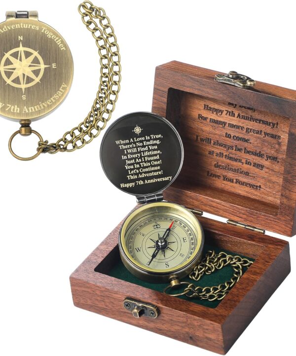 Relaxweex Anniversary Copper Gift for Him Her Engraving Quote Compass with Black Walnut Box Wedding Engagement Copper Keepsake Gifts for Men Women Husband Wife Couples
