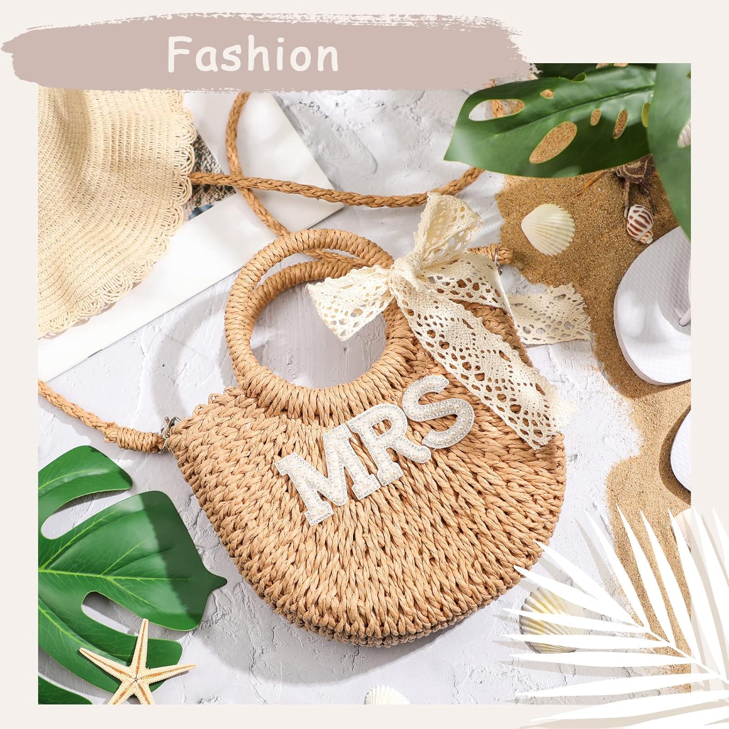 Pinkunn Bride Gift Bride Straw Purse Mrs Handwoven Bag Rhinestone Letter Bag Bachelorette Honeymoon Wedding Bridal Shower