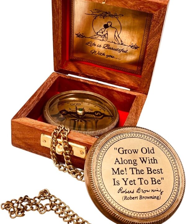 Gift for Husband Wife - Brass Compass 2" | Engraved Quote Birthday Wedding Anniversary Christmas Romantic Love Gifts idea for Boyfriend Girlfriend Men Women Him Her (Grow Old Along with Me)
