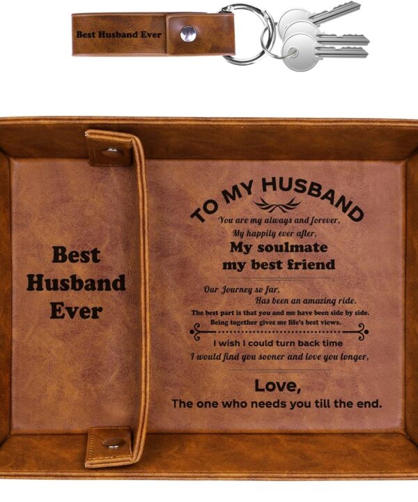 ZAPUVO Best Husband Ever PU Leather Tray and Keychain, Men Valentines Day Birthday Anniversary Birthday Gifts Ideas for Husband Him Boyfriend Who Has Everything from Wife, Gifts for Men Him