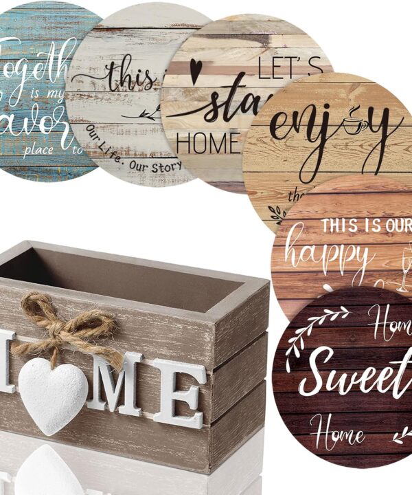 Queekay Coasters Set of 6 House Warming Gifts New Home Wooden Farmhouse Drink Coasters with Holder 4'' Funny Decoration for Kitchen Family Coffee Bar Tabletop Protection(Farmhouse Color)