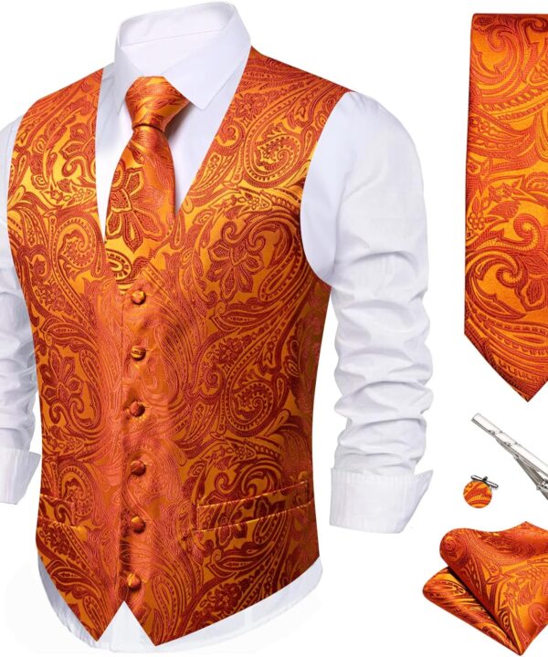 Barry.Wang Men's Suit Vest Formal/Leisure Paisley Jacquard Silk Tie Pocket Square Waistcoat Set Wedding 5PCS