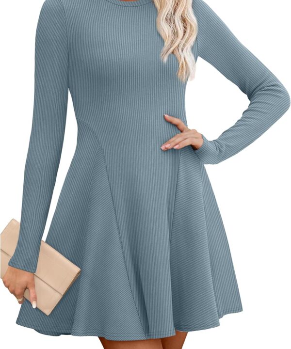 OFEEFAN Sweater Dress for Women Fall 2025 Long Sleeve Crew Neck Ribbed Knit Fit and Flare A-Line Dresses