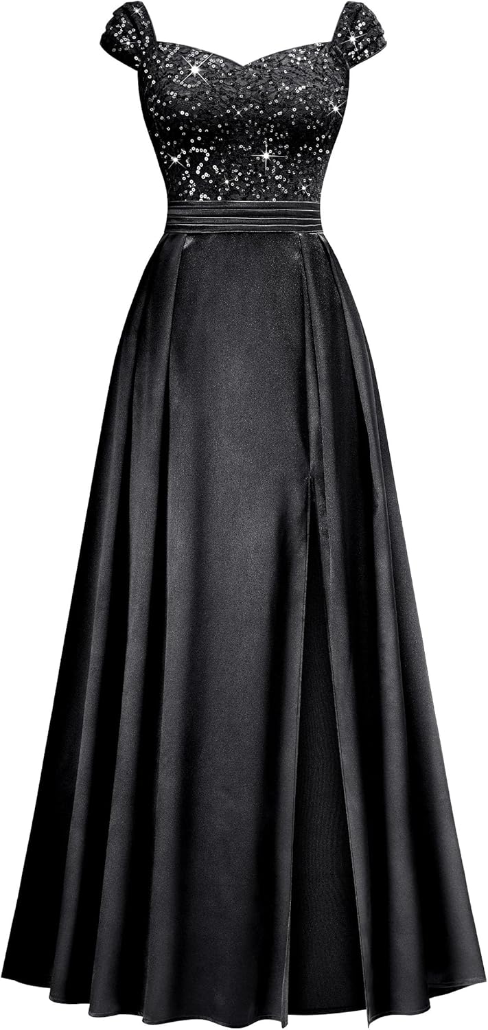 Miusol Womens Elegant V-Neck Sequin Lace Contrast Satin Split Bridesmaid Maxi Dress