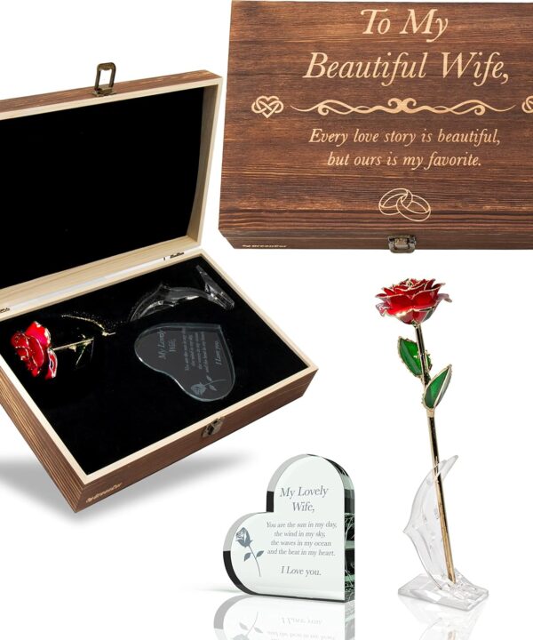 Anniversary for Wife Engraved Wooden Gift Set 'To My Beautiful Wife' Includes Crystal Engraved Heart 24K Gold Dipped Rose for Birthday Gifts