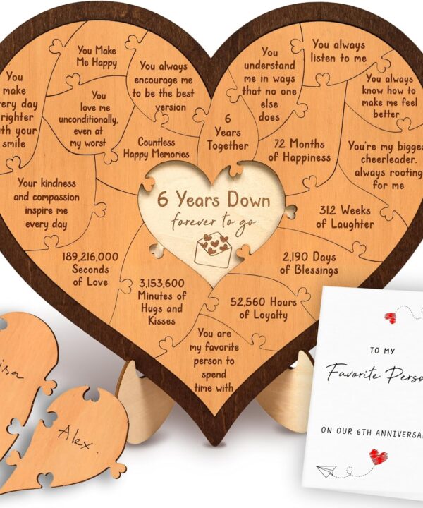 6th Anniversary Iron Gifts For Her - 6 Year Anniversary Marriage Gifts For Him, Happy 6th Wedding Gift For Husband Wife, Sixth Anniversary Wood Heart Puzzle Gift For Couple