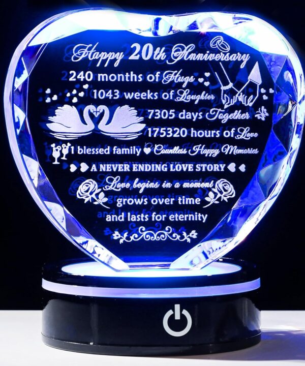 YWHL 20th Anniversary Crystal Heart Gifts for Wife Husband, Laser Engraved Romantic 20 Year Wedding Anniversary Crystal Keepsake Gifts for Her Him, 20 Years of Marriage Gift for Couples Friends
