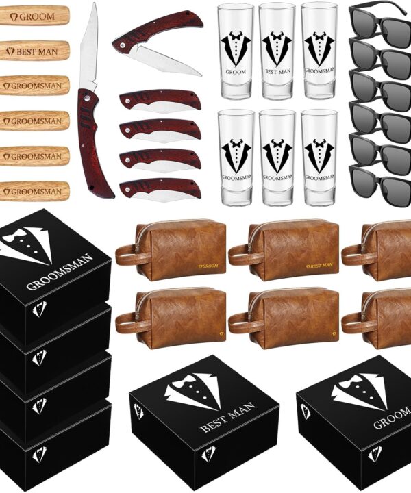 Yungyan 36 Pieces Groomsmen Gifts Set of 6, Groomsmen Proposal Box with Shot Glasses Sunglasses PU Leather Toiletry Bag Wood Folding Knife Bottle Opener Wedding Gift (Brown)