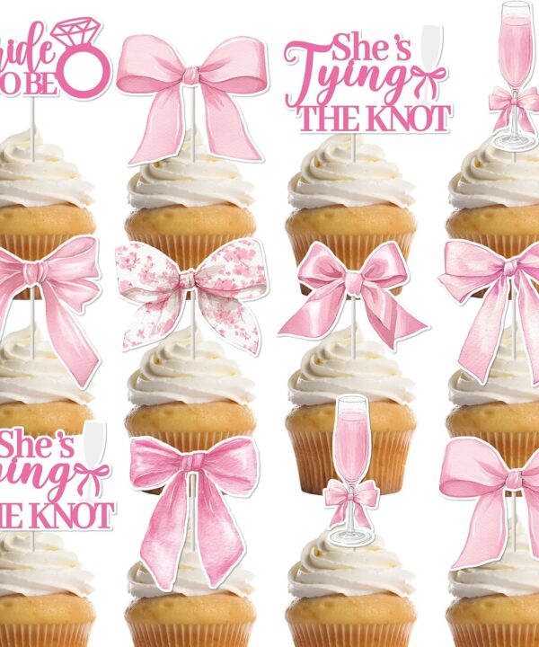FodeMoraka Shes Tying The Knot - 36 Pcs Pink Bride to Be Cupcake Toppers Decorations Set Cake Cupcakes Dessert Decor Coquete Bow Wine Glass Party Supplies Favors for Girls Bachelorette Bridal Shower