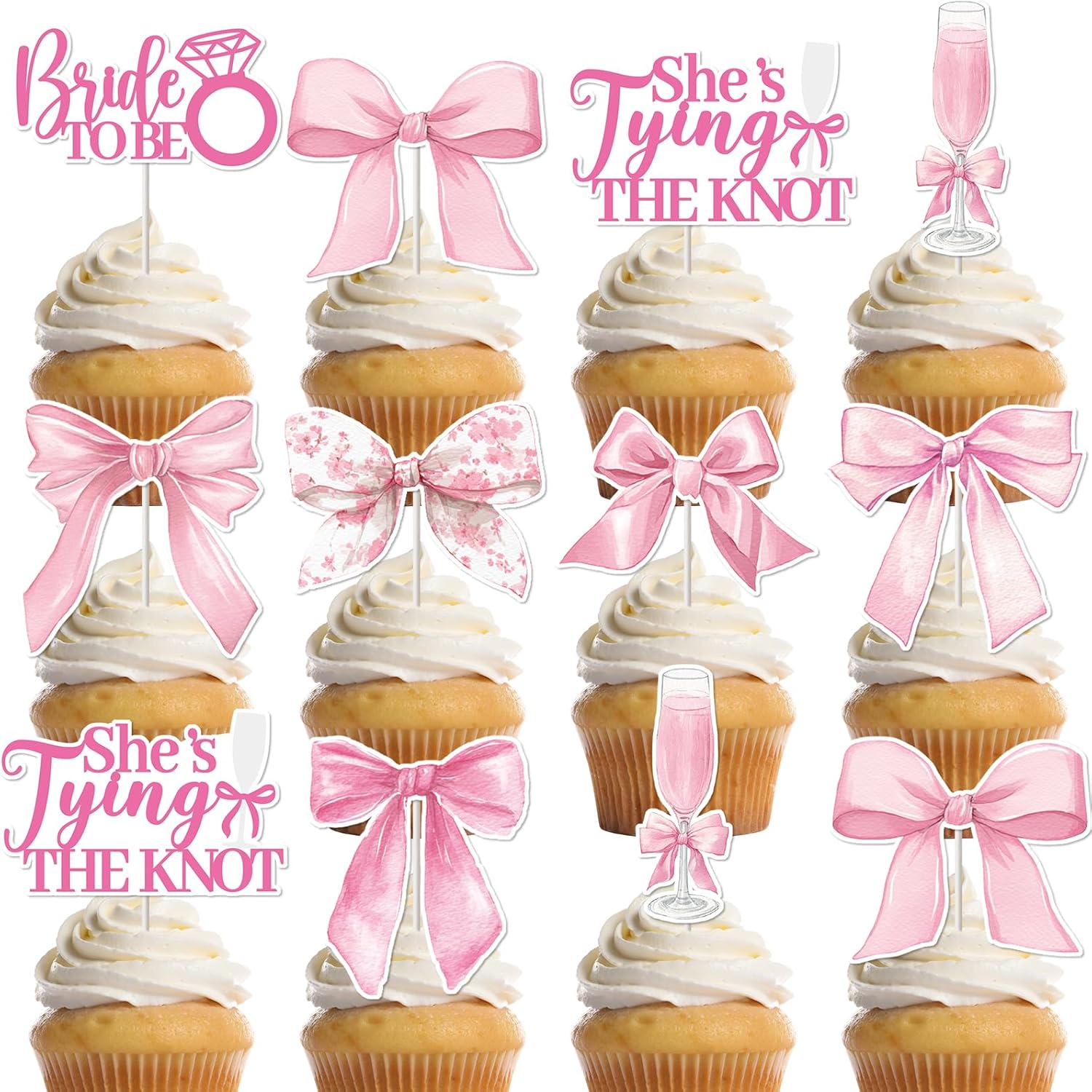 FodeMoraka Shes Tying The Knot - 36 Pcs Pink Bride to Be Cupcake Toppers Decorations Set Cake Cupcakes Dessert Decor Coquete Bow Wine Glass Party Supplies Favors for Girls Bachelorette Bridal Shower