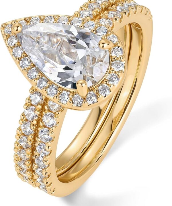 PAVOI 14K Gold Plated 1.7CT Pear Cubic Zirconia Eternity Engagement Ring Promise Ring Set for Women - Hidden Halo