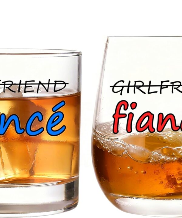 2PCS Boyfriend and Girlfriend 12 oz Wine Whiskey Glass Gift Set - Engagement Gifts for Couples Fiance Fiancee Him Her His Hers Glasses Mr Mrs Bride Groom