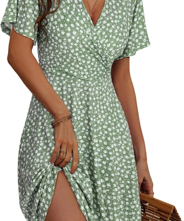 FENSACE Womens Sundress Summer Floral Short Sleeve Wrap V Neck A-Line Midi Dress