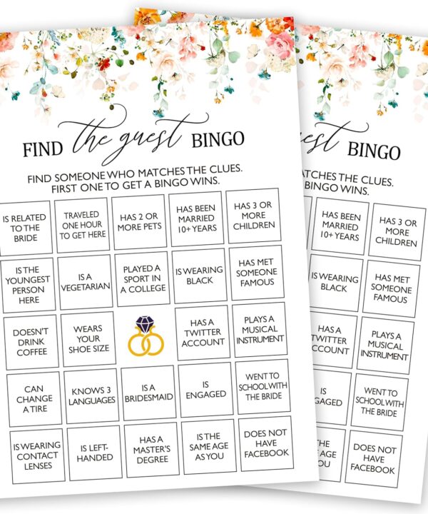 Bridal Shower Bingo Games, Find The Guest Bingo, Spring Floral Bridal Shower Party Game Cards For Wedding Engagement Bachelorette, Fall Bridal Shower Decor Favors Supplies, 25 Game Cards Included -09