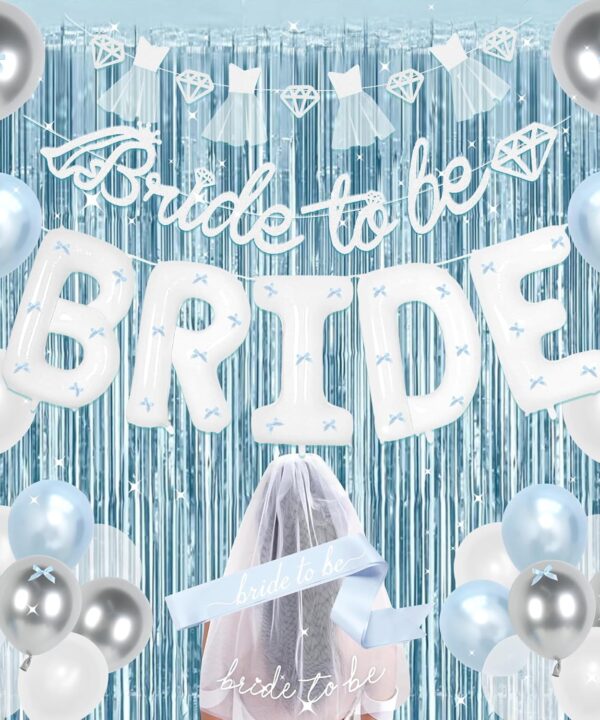 Holkcog Blue Bachelorette Party Decorations, Bride to Be Bridal Shower Decorations, Bride to Be Banner, Bridal Shower Tiara, Sash&Veil, Fringe Curtains, Blue and White Bachelorette Party supply