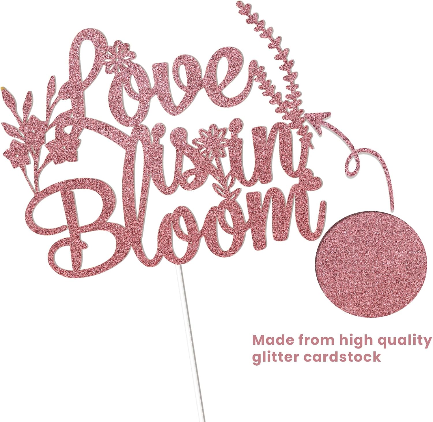 Love is in Bloom Cake Topper – Floral Bridal Shower Decor, Wildflower Themed Bridal Shower Engagement Wedding Party Decorations Rose Gold Glitter