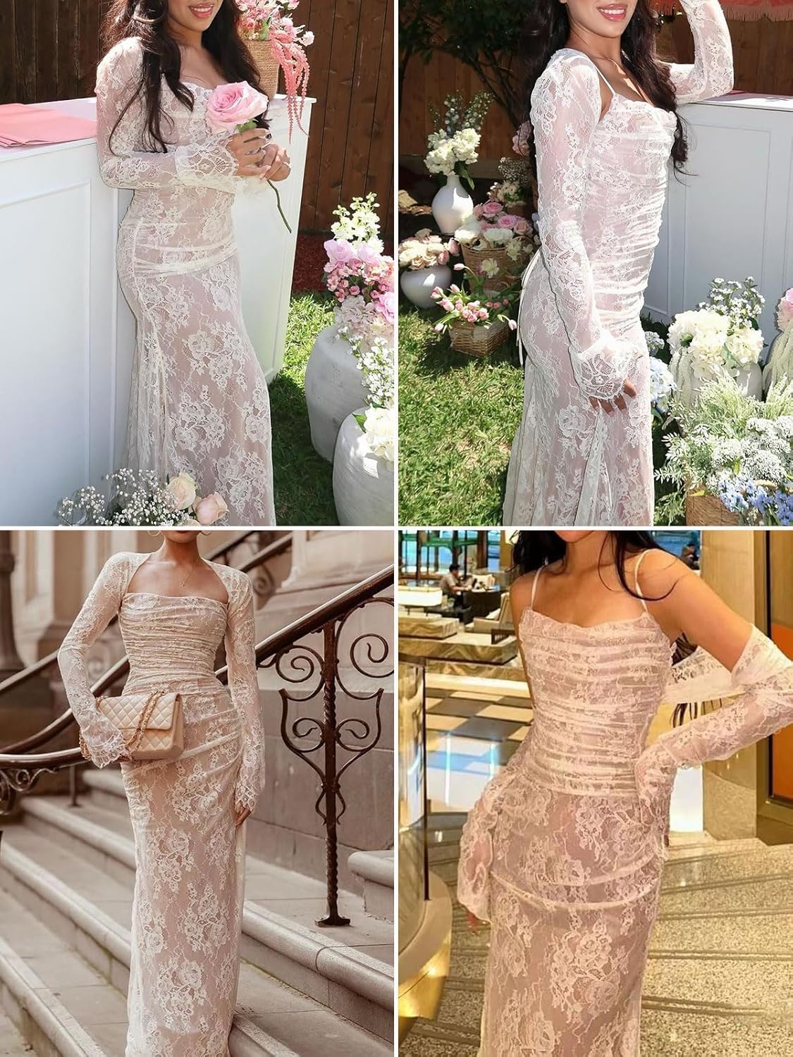 Women Cami Lace Maxi Dress Romantic Long Sleeve Lace Bodycon Dresses Elegant