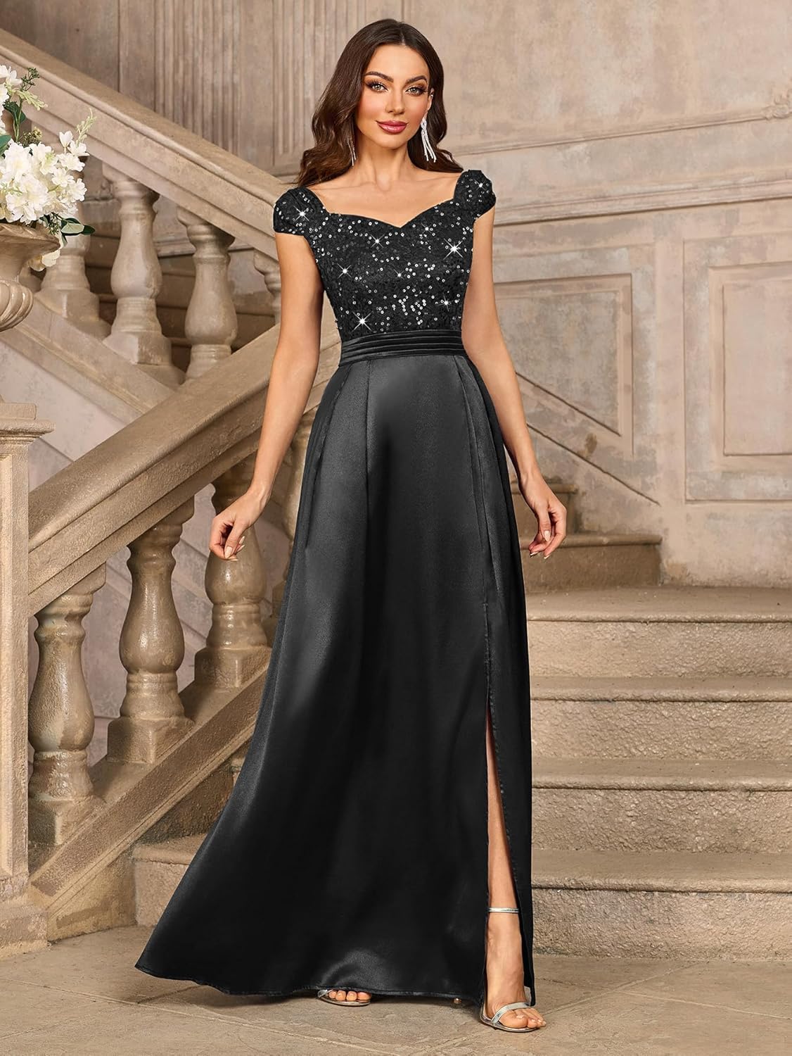 Miusol Womens Elegant V-Neck Sequin Lace Contrast Satin Split Bridesmaid Maxi Dress