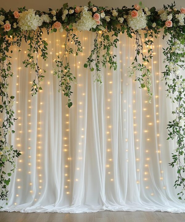 Tulle Curtain Backdrop with 300 LED Fairy Lights for Parites Wrinkle-Free Sheer Curtain Drapes Photo Back Drop for Wedding Baby Shower Bridal Shower Birthday Dance Home Dcor- 10ft10ft, White