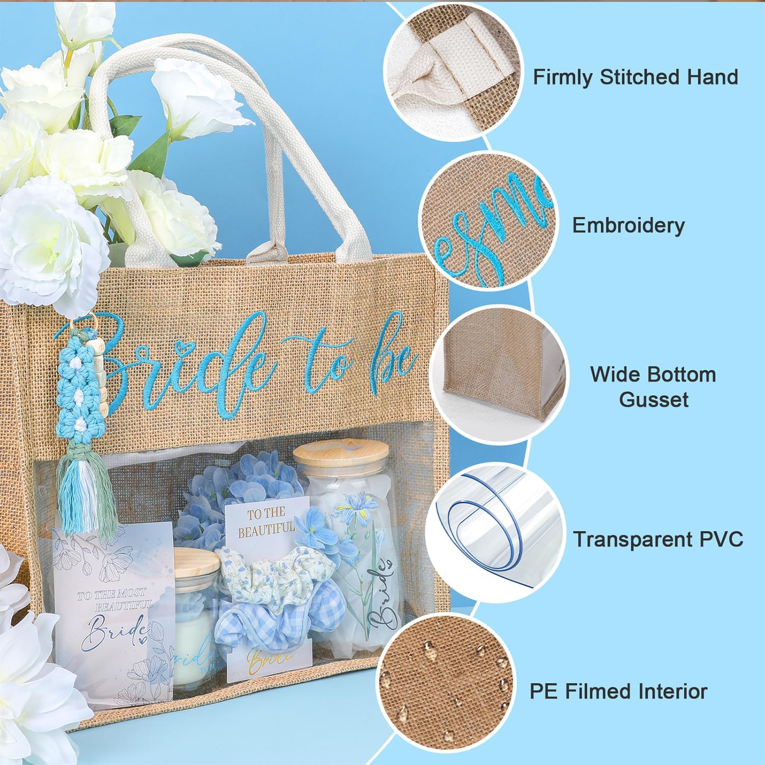 pengtai Bridal Shower Gifts for Bride To Be,Bachelorette Gifts Wedding Engagement Gift for Bride,Ocean-Blue Bridal Tote Bag Glass Cup Gift