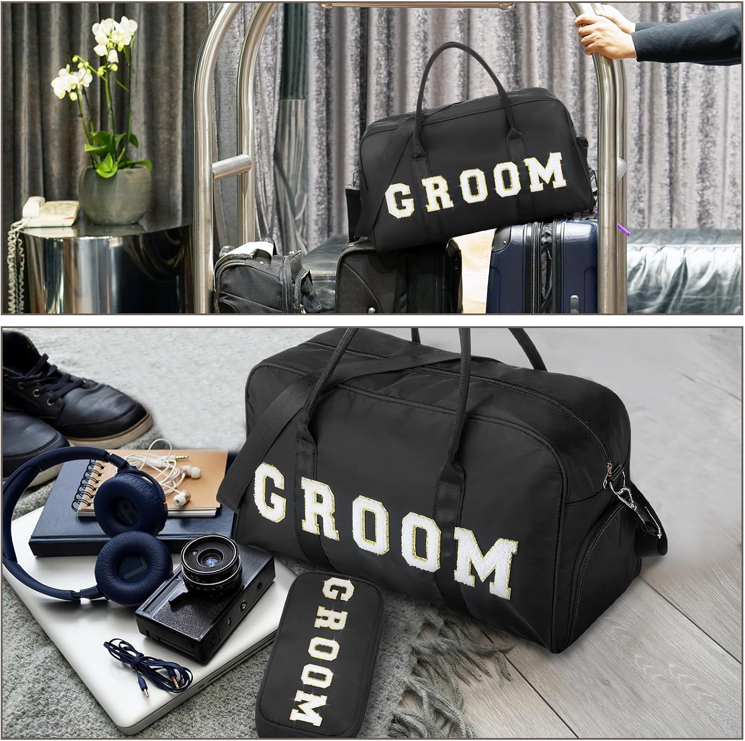 2 Pcs Wedding Weekender Bag Bride Groom Duffle Bag Chenille Letter Patch Travel for Bridal Shower Honeymoon Gift(Groom,Black)
