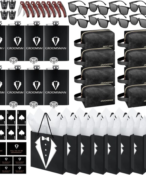 80Pcs Groomsmen Gifts Groomsmen Proposal Box with Flasks Sunglasses PU Leather Toiletry Bag Bottle Opener for Wedding Groomsman Best Man Gift (80, Black)