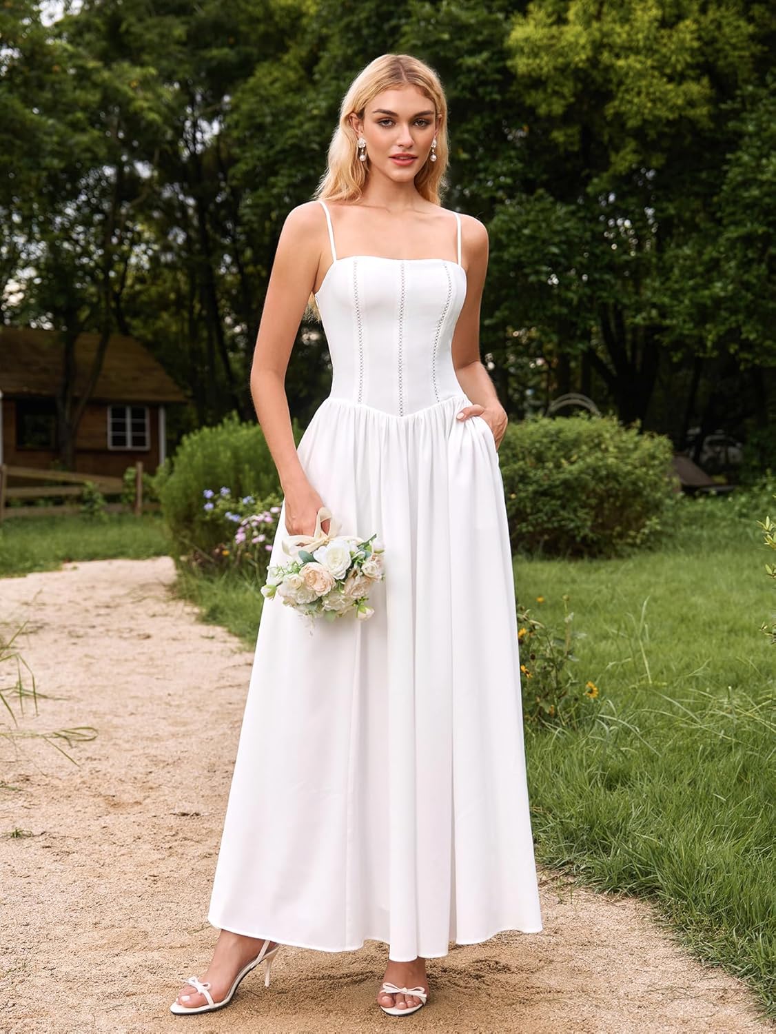 KUTUMAI Floral Corset Long Maxi Dress Lace Up Flowy A Line Summer Wedding Guest Dresses for Women Sundress with Pockets