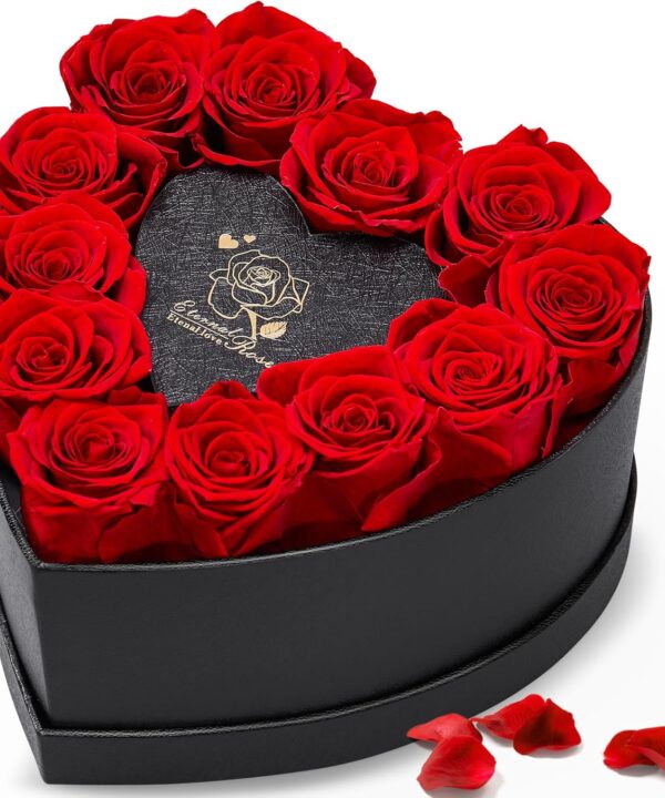 Anthonic 12 Preserved Roses in Heart-Shaped Box - Eternal Love Gift, Long-Lasting Roses for Her - Forever Flowers - Ideal for Valentine's Day, Anniversaries, Mother's Day - Elegant Display Box