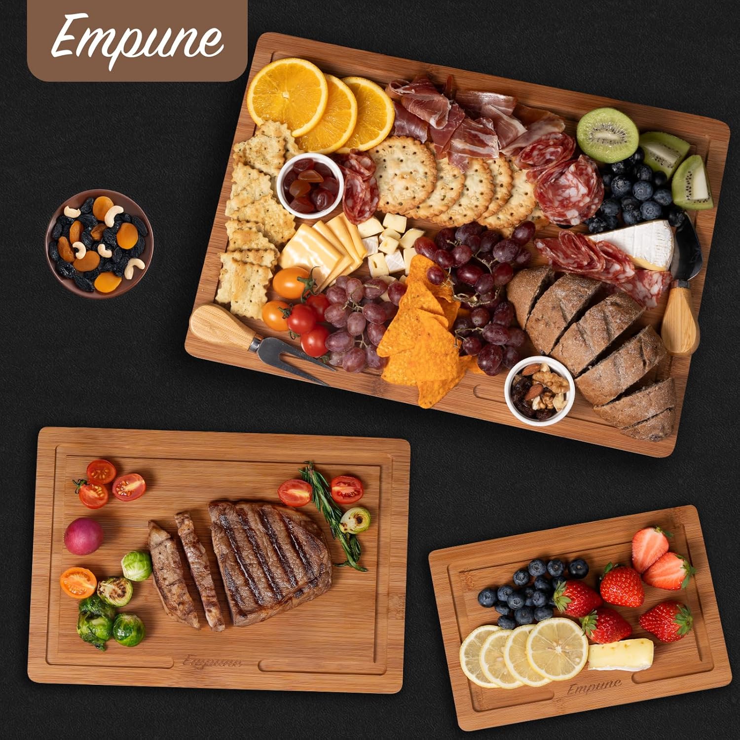Empune Bamboo Cutting Board Set, Wood Cutting Boards for Kitchen with Holder Wooden Chopping Board for Meal Prep & Serving, Brown