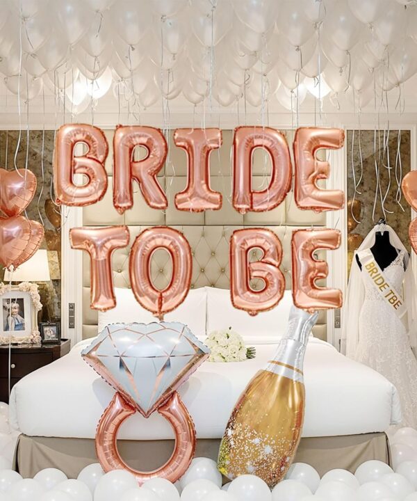Rose Gold Bridal Shower party decorations pearl White balloons Bridal Veil BRIDE TO BE Balloons Sash with Diamond Ring Heart Champagne Balloons Bridal Veil for Bachelorette Party Supplies