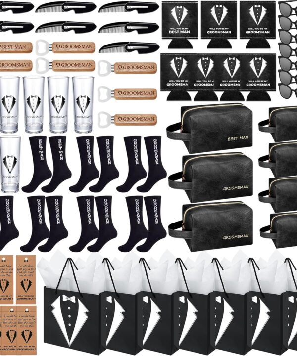 70Pcs Groomsmen Gifts Groomsmen Proposal Box with Shot Glasses Socks Sunglasses PU Leather Toiletry Bag Bottle Opener Can Cooler Groomsman Gifts for Wedding Groomsmen Best Man Gift (70, Black)