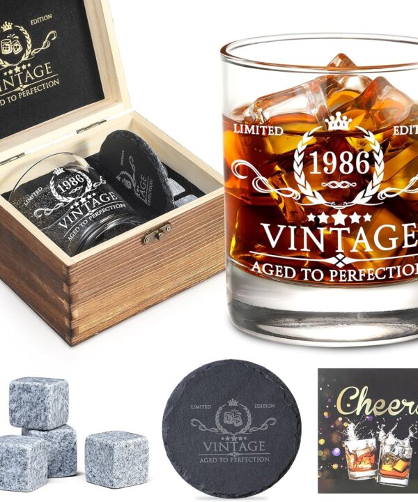 40th Birthday Gifts for Men Whiskey Glass Set - 40th Birthday Decorations, Party Supplies - 40 Year Anniversary, Bday Gifts Ideas for Him, Dad, Husband, Friends - Wood Box & Whiskey Stones & Coaster