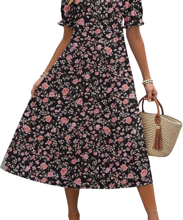 Zeagoo Womens Summer Dress Casual Midi Dresses 2026 Short Puff Sleeve Flare Dress Pleated Flowy Sundress with Pockets