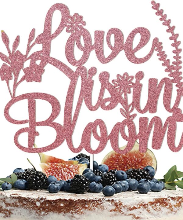 Love is in Bloom Cake Topper - Floral Bridal Shower Decor, Wildflower Themed Bridal Shower Engagement Wedding Party Decorations Rose Gold Glitter