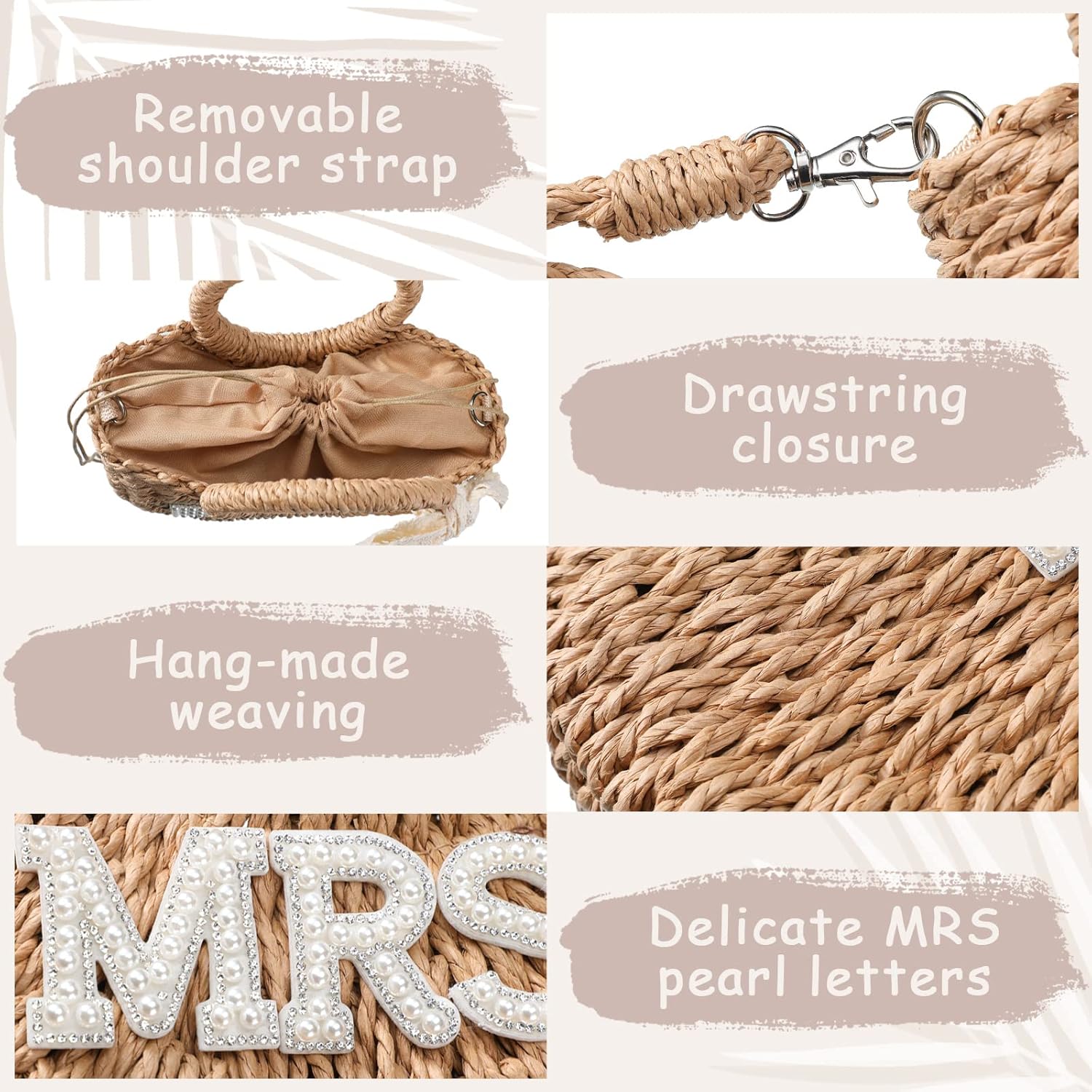 Pinkunn Bride Gift Bride Straw Purse Mrs Handwoven Bag Rhinestone Letter Bag Bachelorette Honeymoon Wedding Bridal Shower
