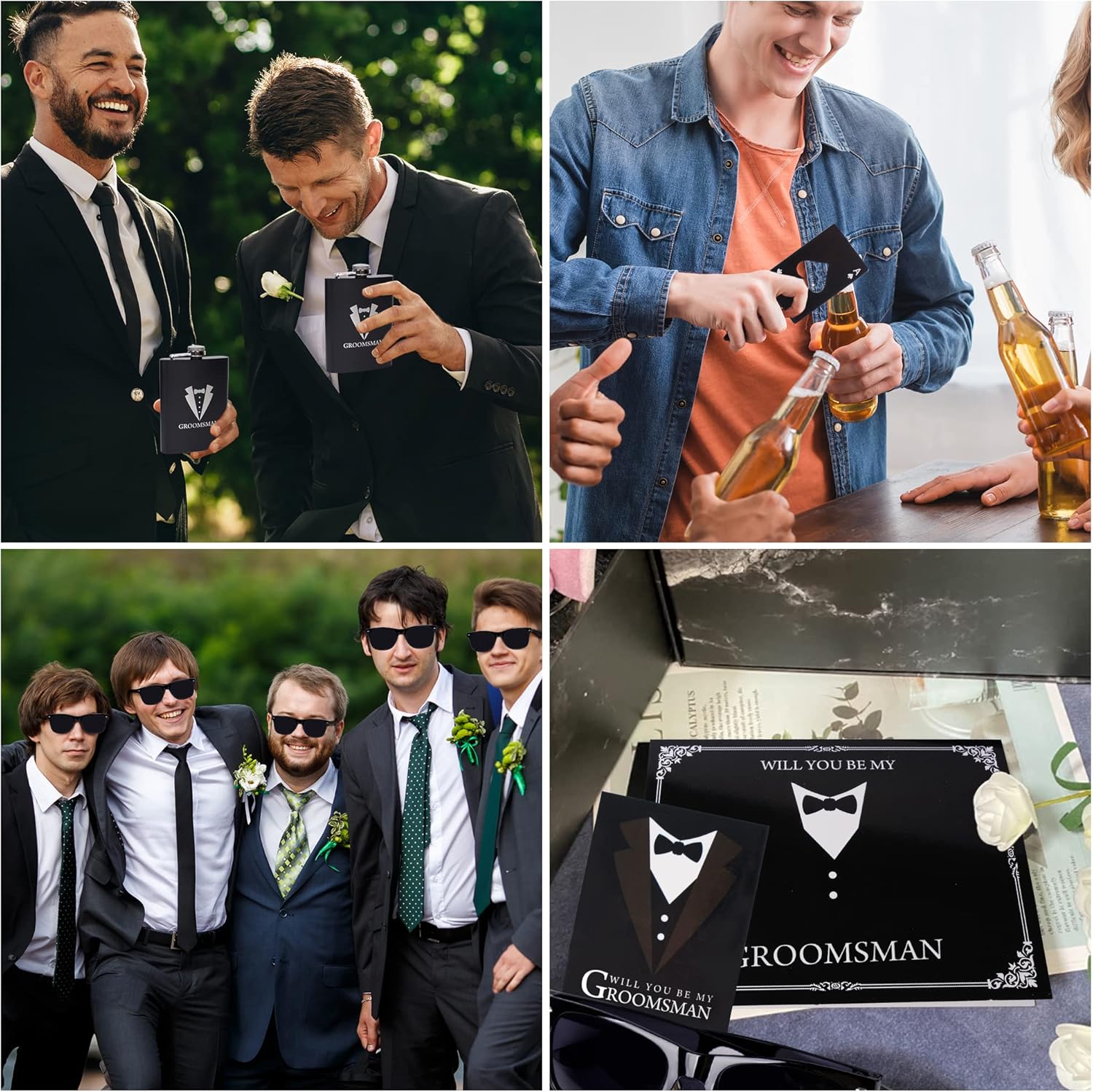 6 Pieces Groomsmen Gifts Groomsman Proposal Wedding Party Box Set:8oz Stainless Steel Tuxedo Flask with cups Poker Bottle Cap Opener Sunglass Card Sticker Groomsman Box for Wedding Bachelor Party