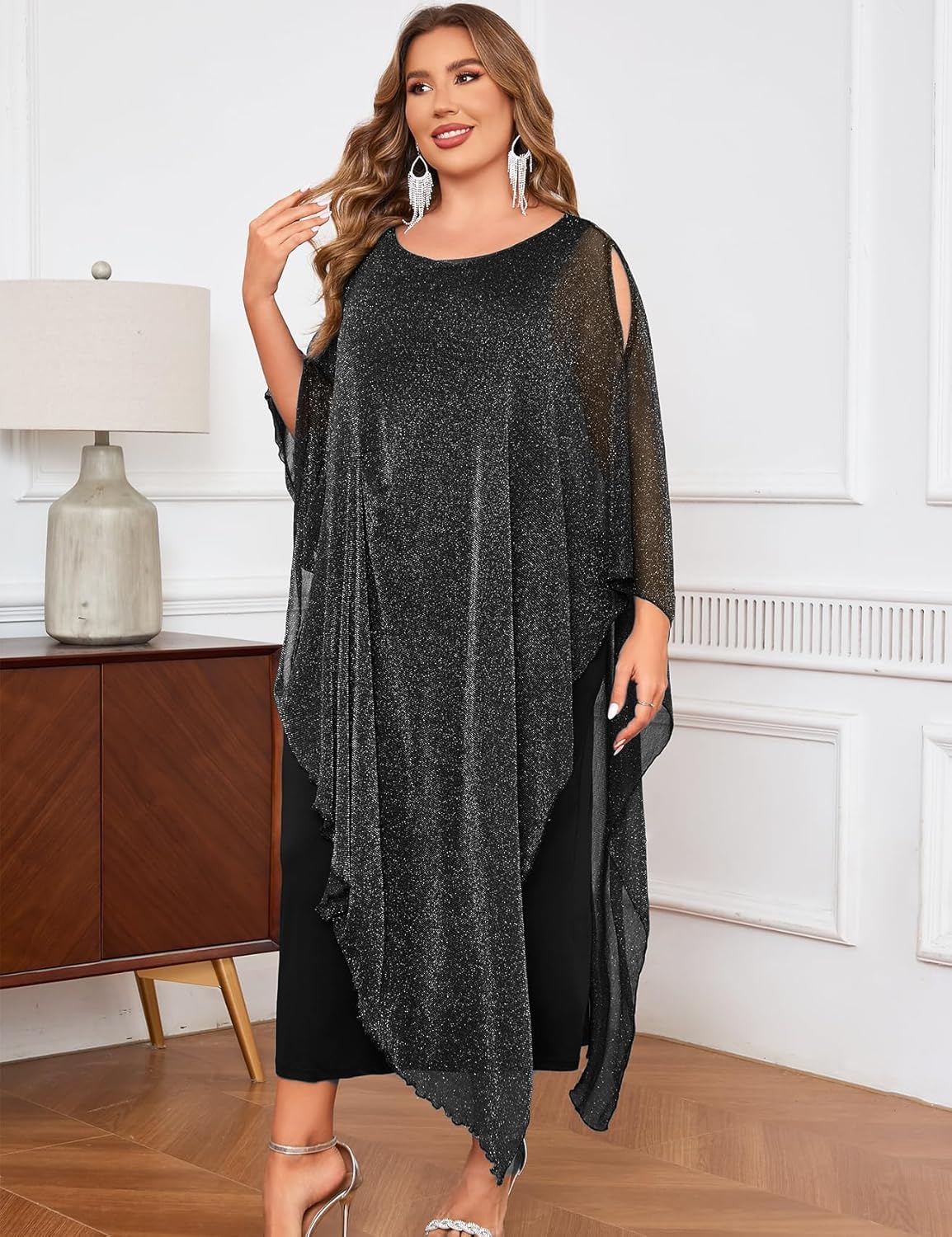 ZOMVA Plus Size Elegant Formal Dress Long Cape Overlay Wedding Guest Formal Cocktail Mother of Bride Outfit