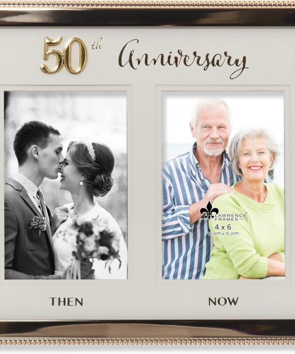 4x6 Double Gold Beaded Metal 50th Anniversary Picture Frame, Then and Now
