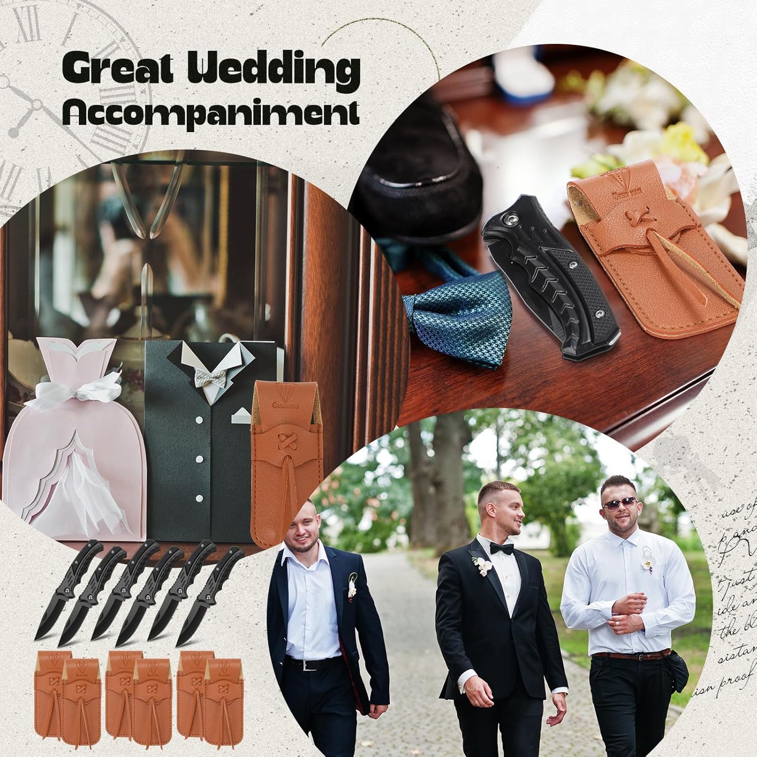 Abbylike 6 Set Man Pocket Knife Gift for Men Gifts Personalized Pocket Knife with Leather Sheaths Mini Folding Knives Proposal Gifts for Christmas Wedding Party Favors(Classic)