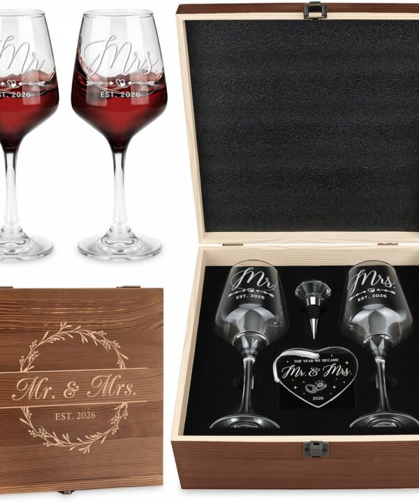 Wedding Gifts for Couples 2026 Mr and Mrs Engraved Wine Glasses Engagement Gift for Newlywed Bachelorette Bridal Shower Gifts for Bride and Groom Present for Bride To Be His and Hers