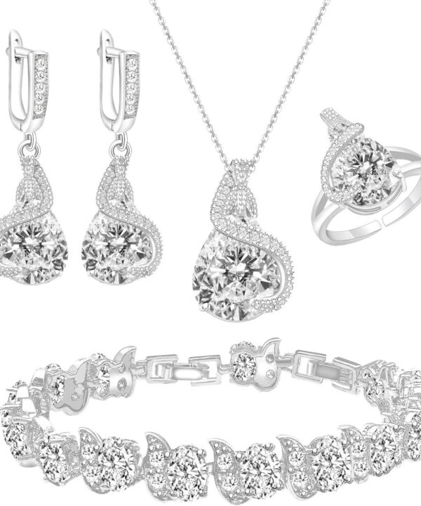 GZWHD Jewelry Set for Women Water Drop Cubic Zirconia Artificial Crystal Earrings Pendant Necklace Open Ring Tennis Bracelet Wedding Anniversary Birthday Engagement Gift for Bridesmaid Wife Girlfriend Friend