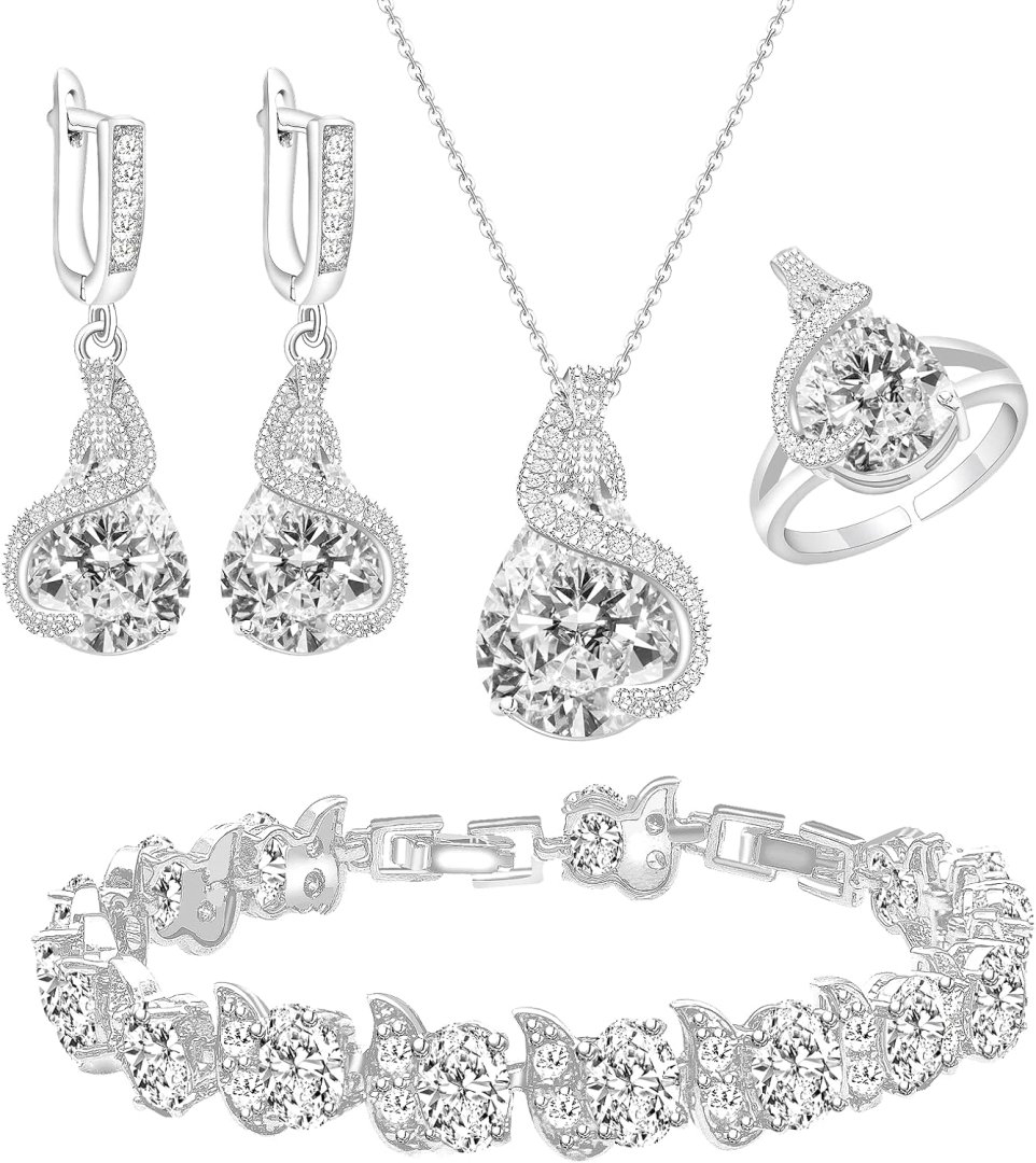 GZWHD Jewelry Set for Women Water Drop Cubic Zirconia Artificial Crystal Earrings Pendant Necklace Open Ring Tennis Bracelet Wedding Anniversary Birthday Engagement Gift for Bridesmaid Wife Girlfriend Friend