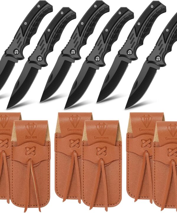 Abbylike 6 Set Man Pocket Knife Gift for Men Gifts Personalized Pocket Knife with Leather Sheaths Mini Folding Knives Proposal Gifts for Christmas Wedding Party Favors(Classic)